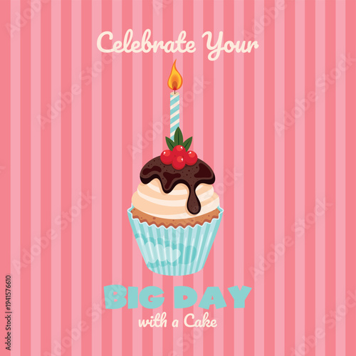 Birthday greeting card with a Cupcake and candle. Abatract pink background pattern. Wallpaper background texture line stripes