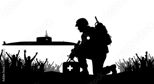 Soldier with Medical Kit and Submarine, Rescued People Cheering