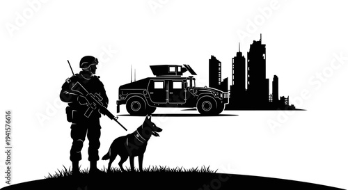 Soldier with military dog and humvee against city skyline silhouette