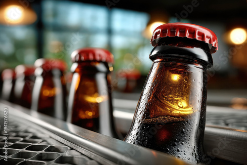 A cold row of brown beer bottles, each capped with red, sits ready for refreshment. The condensation on the bottles suggests a cool and crisp taste