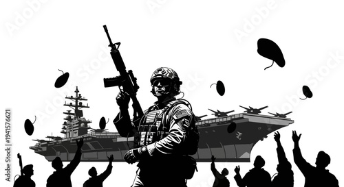 Soldier with Rifle and Aircraft Carrier, Celebratory Crowd Throwing Berets