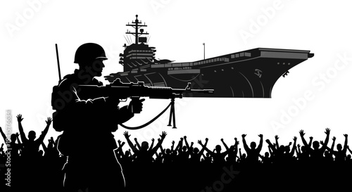 Soldier with Rifle and Aircraft Carrier Silhouette, Crowd Cheering