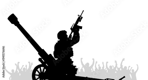 Soldier with Rifle on Artillery Gun, Cheering Crowd Silhouette