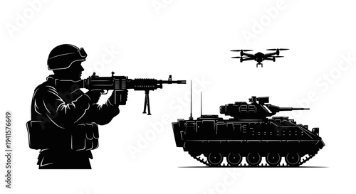Soldier with Rifle, Armored Vehicle, and Drone - Modern Military Technology