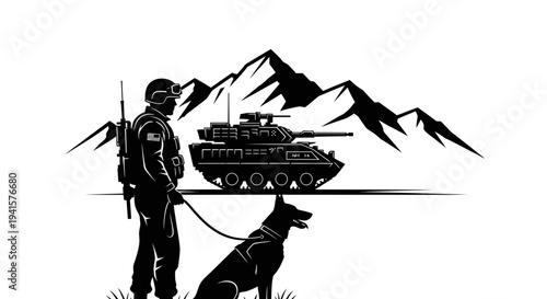 Soldier, Military Dog, and Tank Silhouette Against Mountains