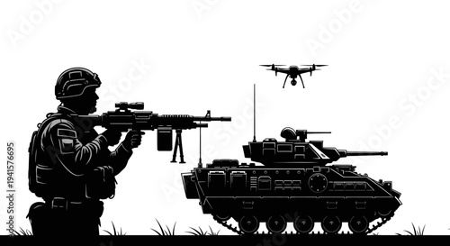 Soldier, Tank, and Drone: Modern Warfare Technology Silhouette