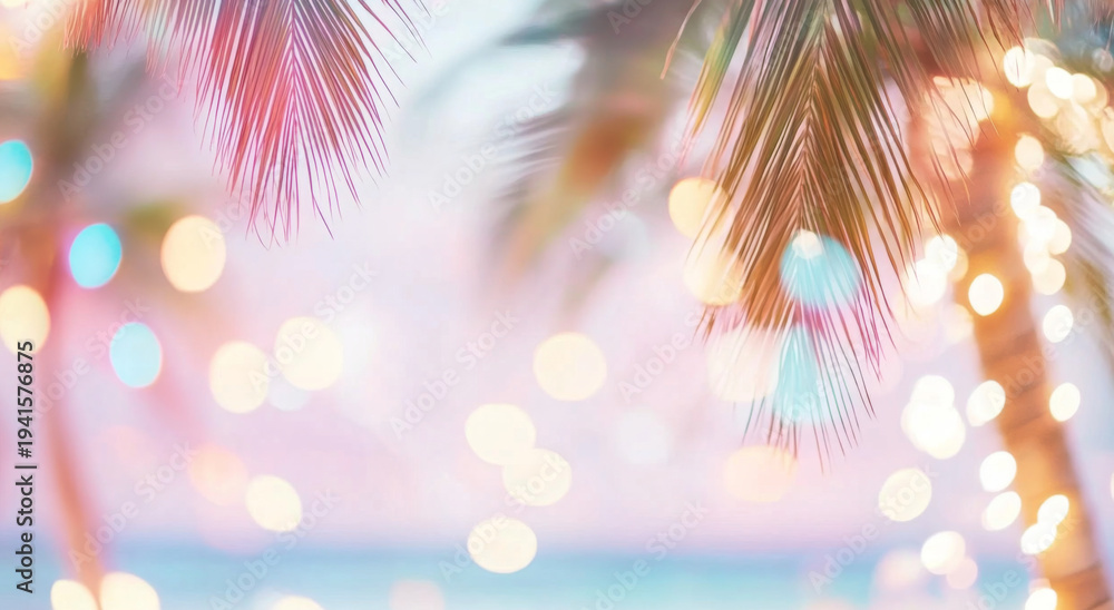 Obraz premium Palm tree leaves with bokeh lights, perfect for tropical holiday background