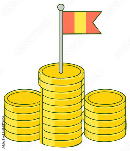 Golden coins stacked with a flag symbolizing wealth and achievement