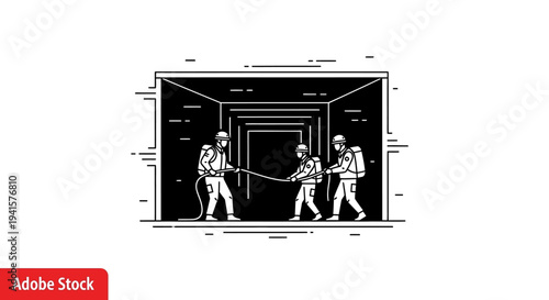 Teamwork pulling rope in tunnel, rescue operation, industrial workers, collaboration, support