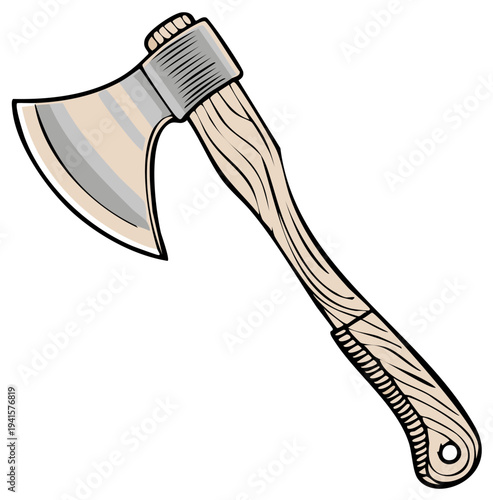 Hand drawn illustration of a wood axe, forest logging tool. Cartoon style, sharp blade, vintage woodworking equipment for camping and construction.