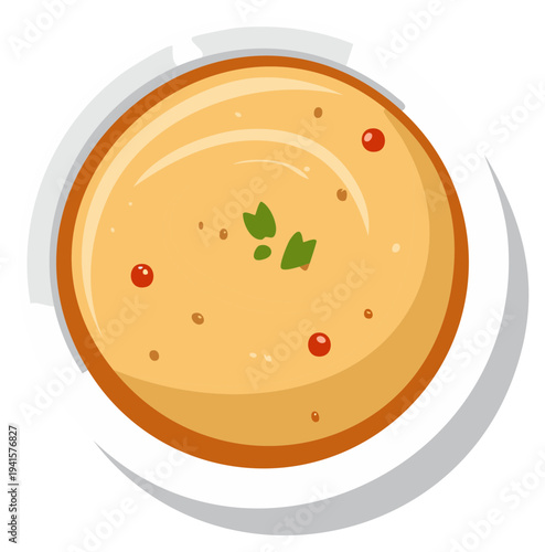 Overhead view of a bowl of creamy soup with garnish and spices, a vector illustration.