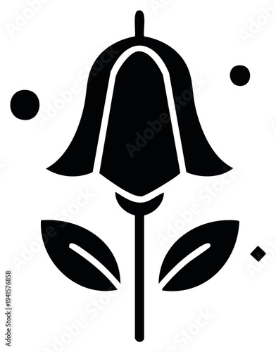 Stylized Black Bellflower Icon with Leaves and Abstract Geometric Shapes