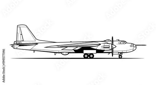 Vintage Bomber Aircraft Silhouette - Classic Military Airplane Line Art