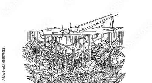 Vintage Bomber Plane Flying Over Dense Tropical Jungle Canopy