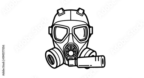 Vintage Gas Mask Respirator Icon - Black and White Line Art