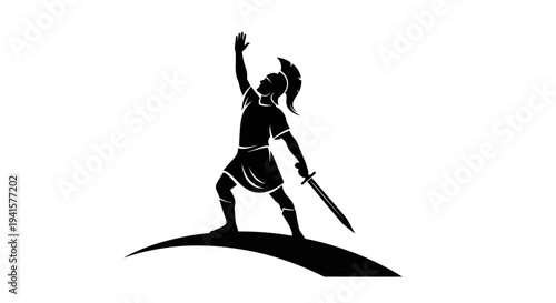 Warrior Silhouette Standing on Hilltop Raising Sword and Arm