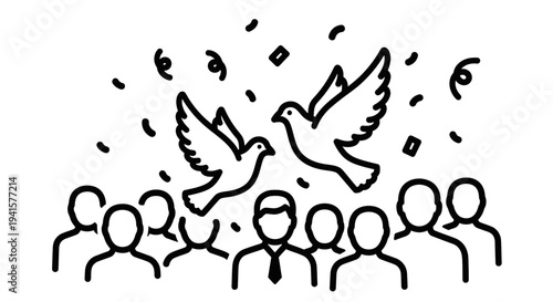 Wedding doves released over crowd, confetti celebration, symbol of love and peace