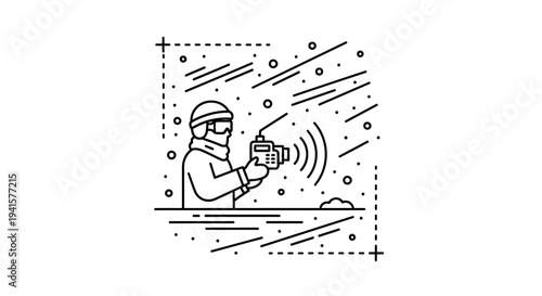 Winter Search Rescue Person with Radio Device in Snowstorm