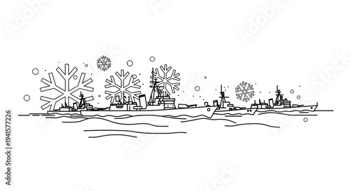 Winter Fleet: Warships Sailing Through Snowflakes and Waves