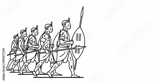 Zulu Warriors Marching with Spears and Shields, Traditional African Military Formation