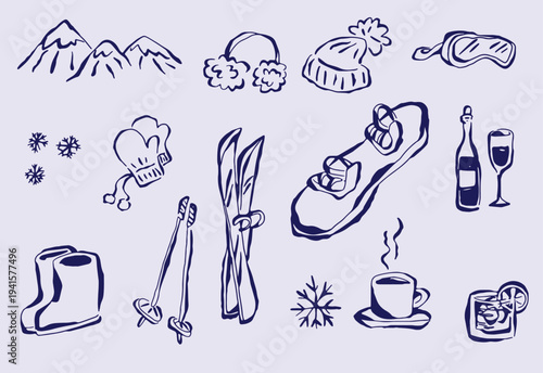 Retro-style hand-drawn illustrations themed around apres-ski activities, bold grunge curved lines