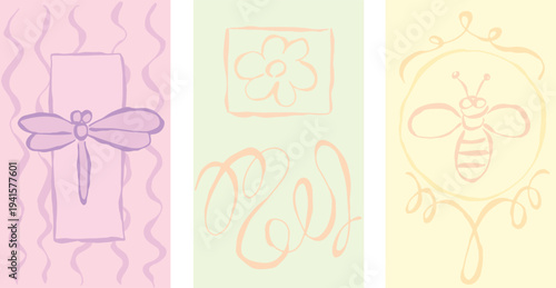 A set of simple, minimalist vector illustrations in soft pastel colors. Cover design with wavy lines, a dragonfly, a flower, and a bee, bold grunge curved lines