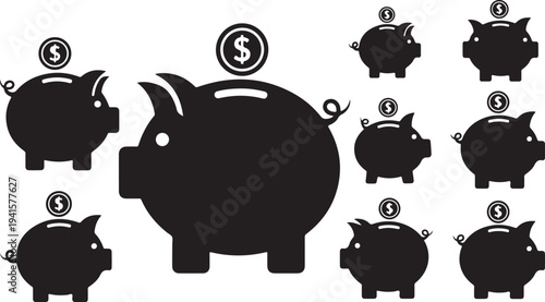 Black Piggy Banks with Coins on White Background Illustration