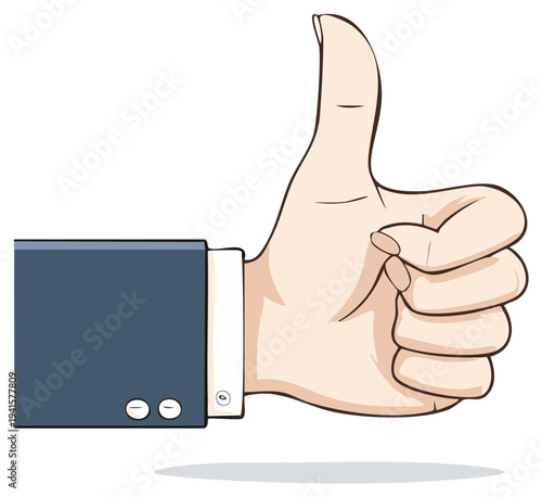 Vector illustration of a business hand in a suit jacket and white shirt cuff showing a positive thumbs up gesture