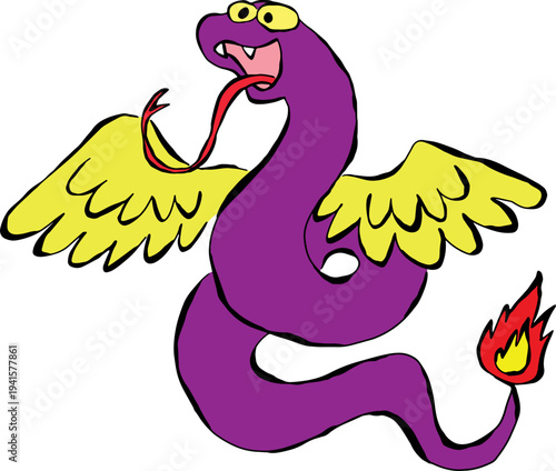 A cute happy purple snake spread its wings, a snake with a fiery tail, hand drawn with ink brush, black grunge curved lines