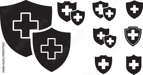 Medical Shield Icons with Cross Symbols for Healthcare Protection