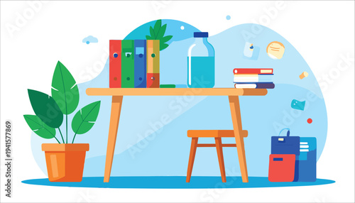 vector Cartoon Desk with Office Supplies and Plant