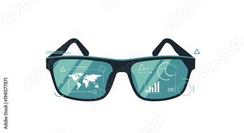 Vector illustration of black glasses with data analysis charts and world map on lenses