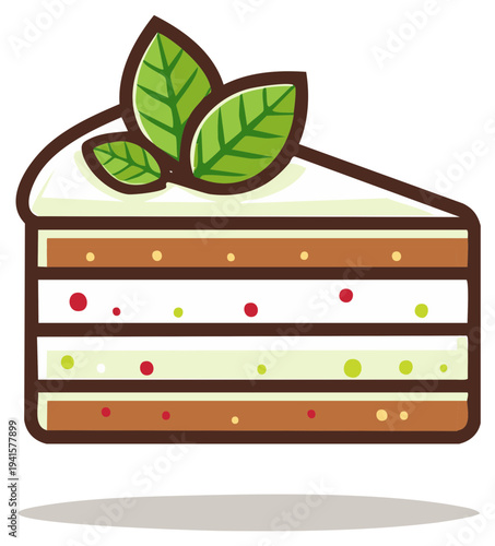 Illustration of a slice of layered cake with fresh mint leaves, dessert design concept