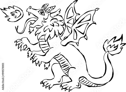 Stylized dragon character with mane and wings, exhaling flames from mouth. Perfect for fantasy themes, game assets, decorative designs, hand drawn with ink brush, black grunge curved lines