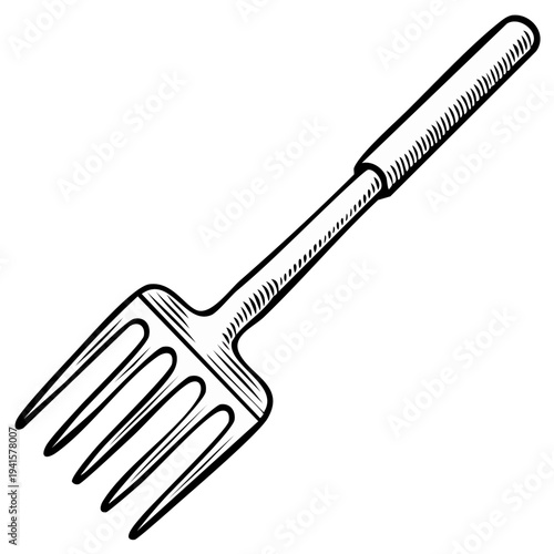 Hand-drawn garden fork or digging fork illustration with hatching lines on a white background