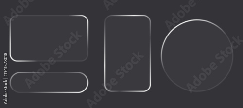 Light frame liquid glass, glass panel set for mobile and web app, tech board frame in futuristic style. HUD element interface, vector illustration. Light glass png banner collection with glow effect.