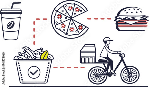 A delivery person on a bicycle transports fast food items including pizza burgers and drinks