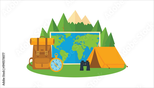vector Camping Adventure with Map and Globe Illustration