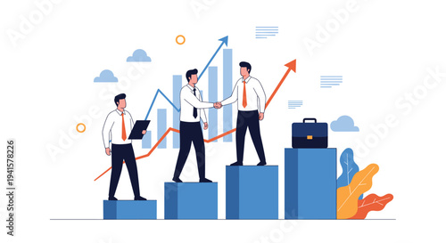 Business professionals shake hands while standing on a rising bar chart representing financial success and corporate partnership growth.