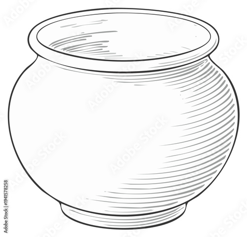 Hand drawn rustic pottery vessel line art illustration with hatching detail