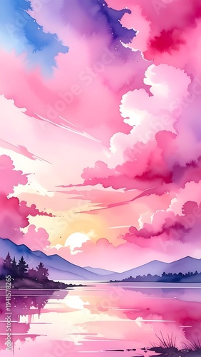 Watercolor landscape with pink and blue clouds reflected in a calm lake below mountains and distant trees