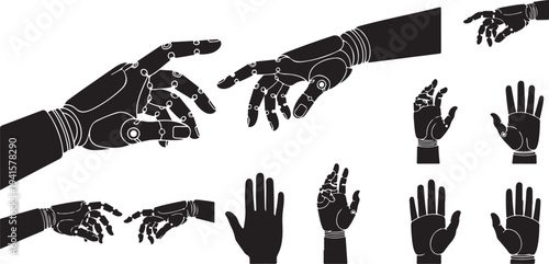 Robotic hands in various positions and gestures illustration set