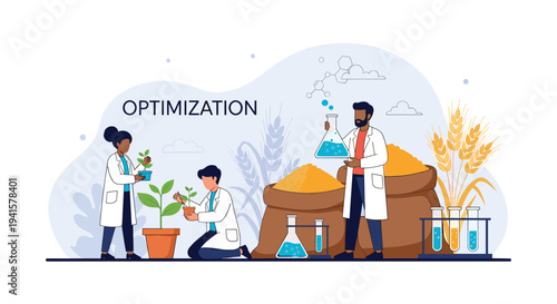 Diverse agricultural scientists conduct research on plant optimization and crop productivity in a modern laboratory setting with grain sacks.