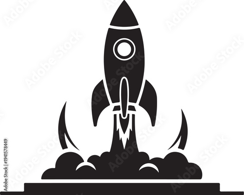 Black and White Rocket Ship Launching into Space Illustration