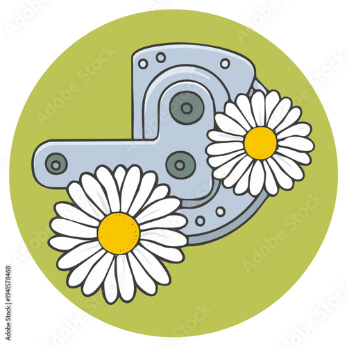 Illustration of daisies blooming near silver machinery parts on a green circle, blending nature with industry concept