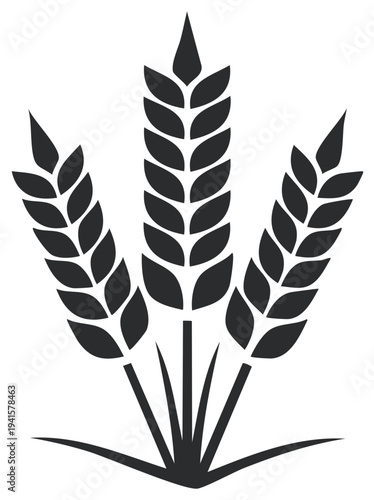 Stylized black silhouette of three wheat ears symbolizing agriculture harvest and grain production