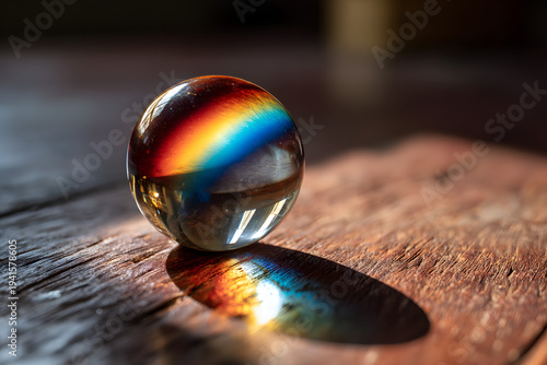 Rainbow LiRainbow Light Refraction in Crystal Ball on Wooden Table with Dramatic Shadow