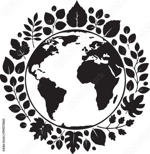 Earth surrounded by leaves and foliage in black silhouette