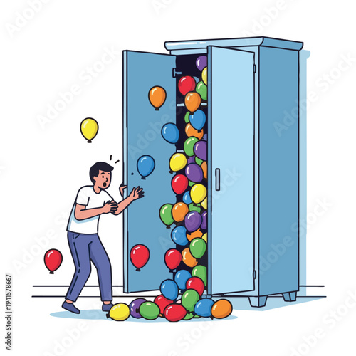 A surprised man reacts as a flood of colorful balloons spills out of an open blue wardrobe, creating a chaotic and playful scene.