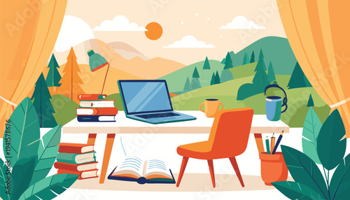vector Cozy Home Office Workspace with Laptop and Books